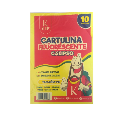 Cartulina 1/8Pqt por 10 Un. Colores Neon-KLIPP